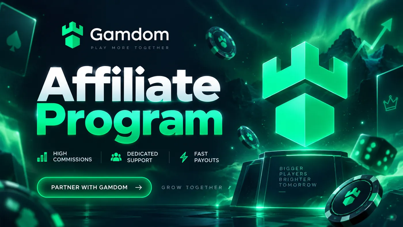 Gamdom Affiliate Program banner highlighting high commissions, dedicated support and fast payouts
