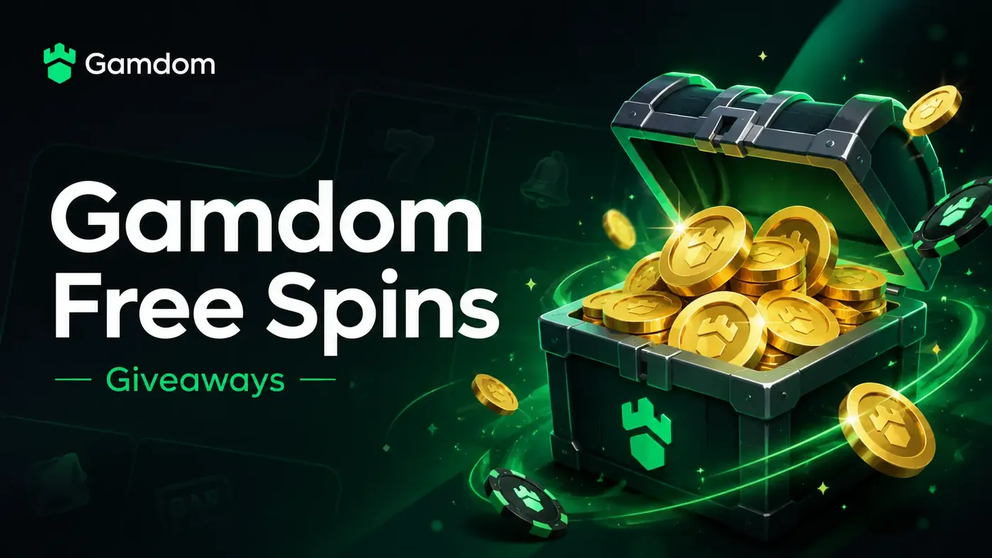Gamdom Free Spins giveaways banner with a treasure chest of gold coins