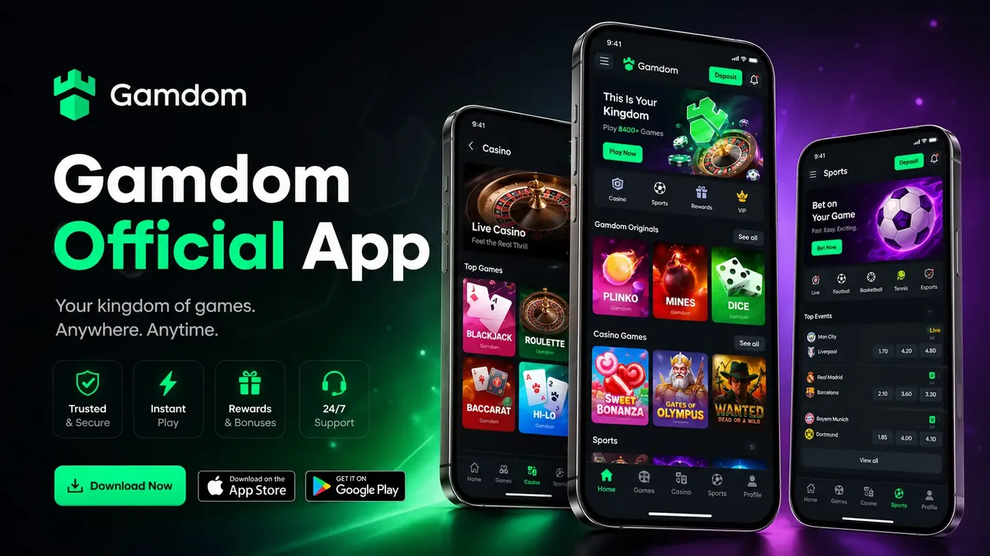 Gamdom mobile app screens on three phones showing the casino lobby, live casino and sports betting