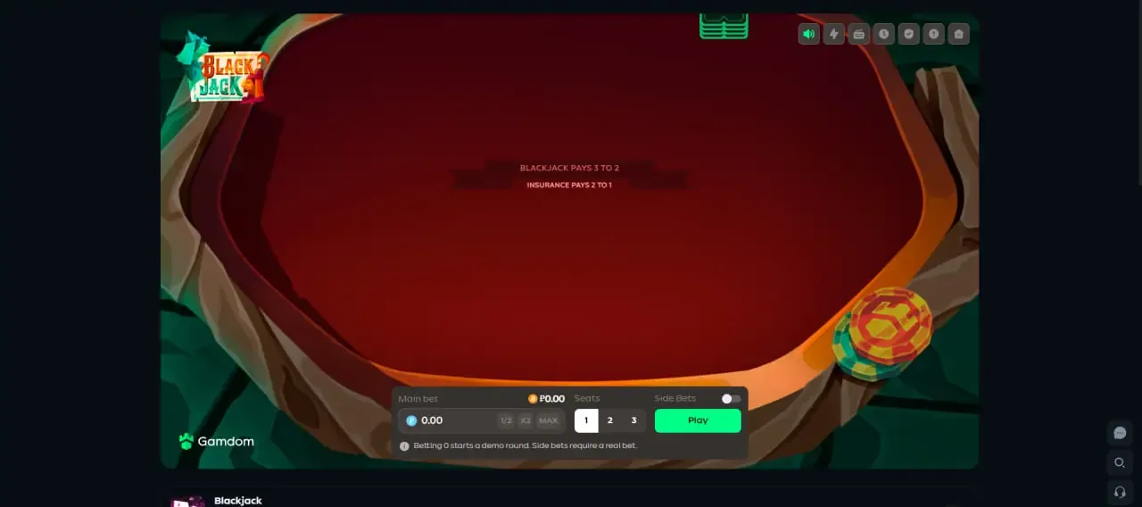 Gamdom Originals Blackjack table stating Blackjack pays 3 to 2 and Insurance pays 2 to 1, with main bet, seats and side bets controls