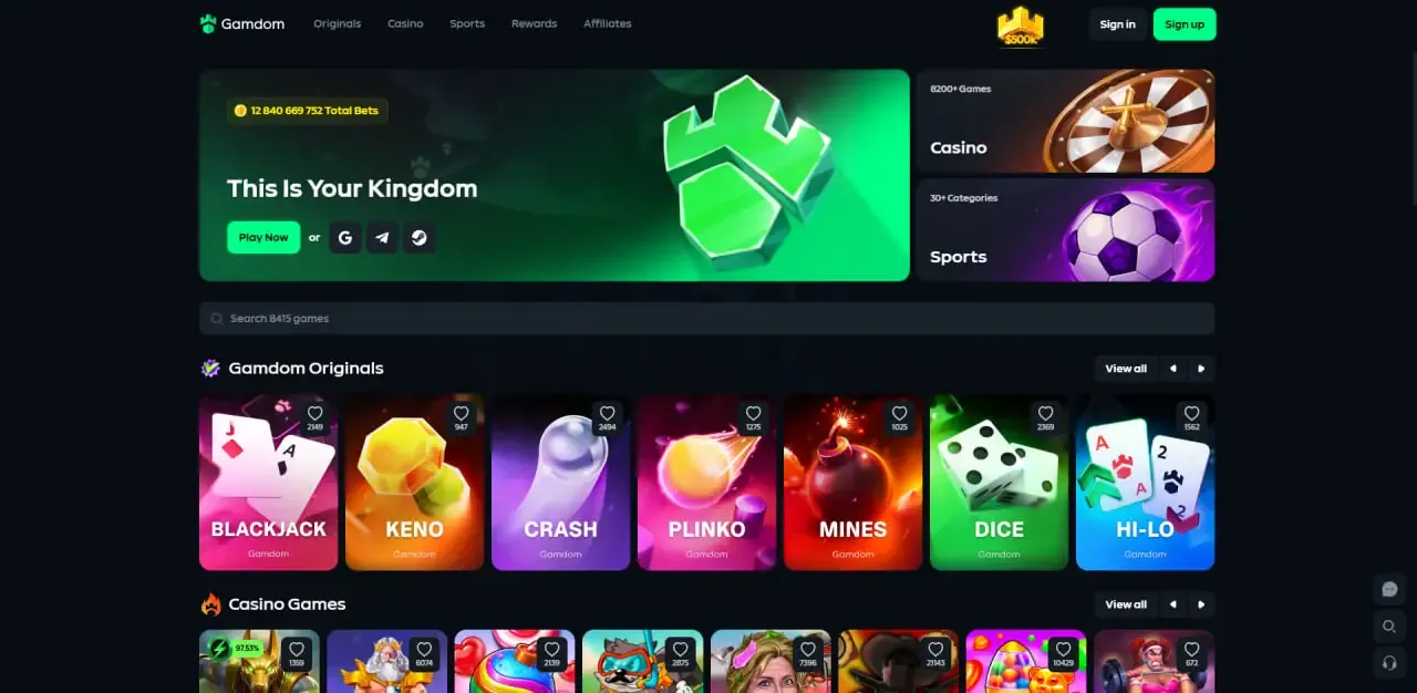Gamdom navigation bar with the Affiliates menu item next to Originals, Casino, Sports and Rewards