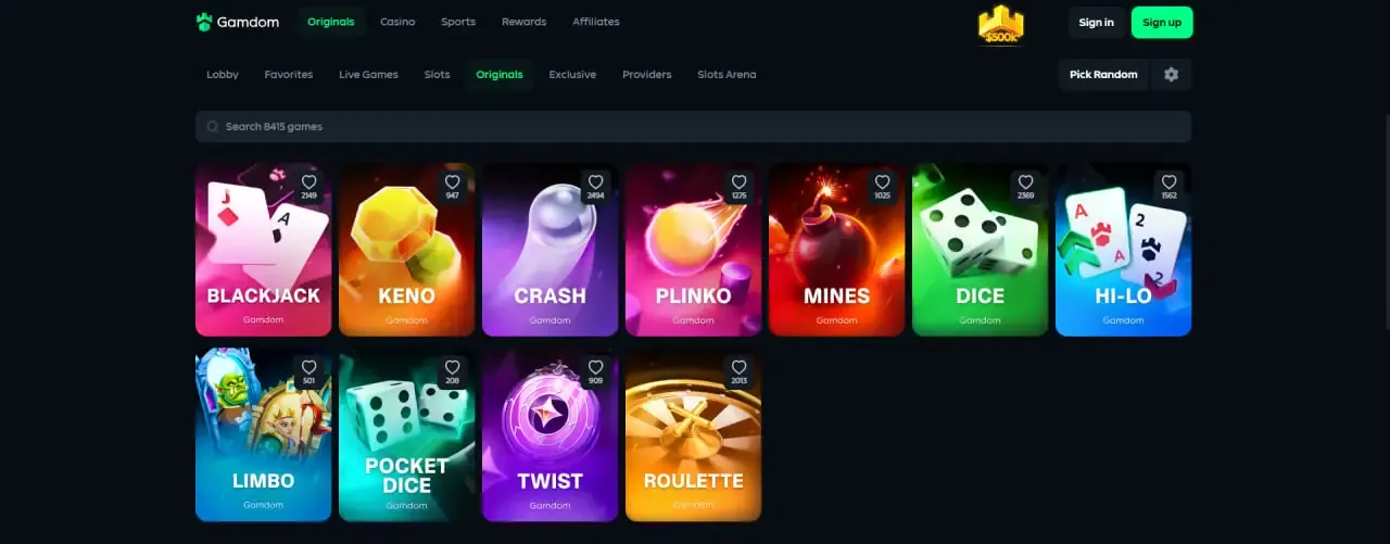Gamdom Originals lobby with Blackjack, Keno, Crash, Plinko, Mines, Dice, Hi-Lo, Limbo, Pocket Dice, Twist and Roulette
