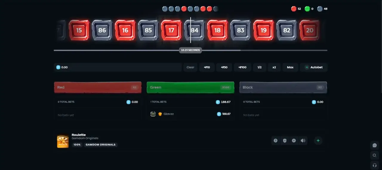 Gamdom Originals Roulette showing the red, black and green tile strip, countdown timer and Red, Green and Black betting panels