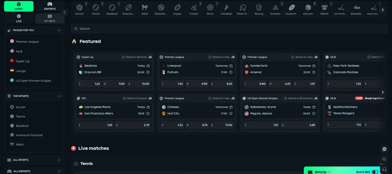 Gamdom sportsbook lobby with the sports menu, Featured matches, decimal odds and live matches section