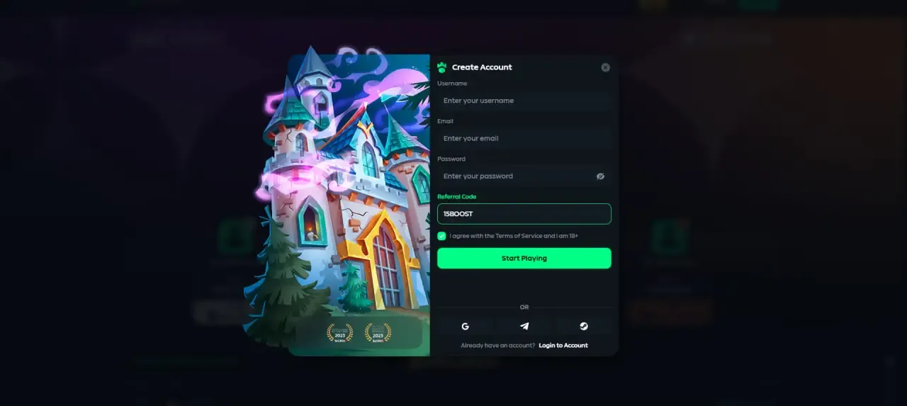Gamdom registration form showing Username, Email, Password and the Referral Code field filled with 15BOOST