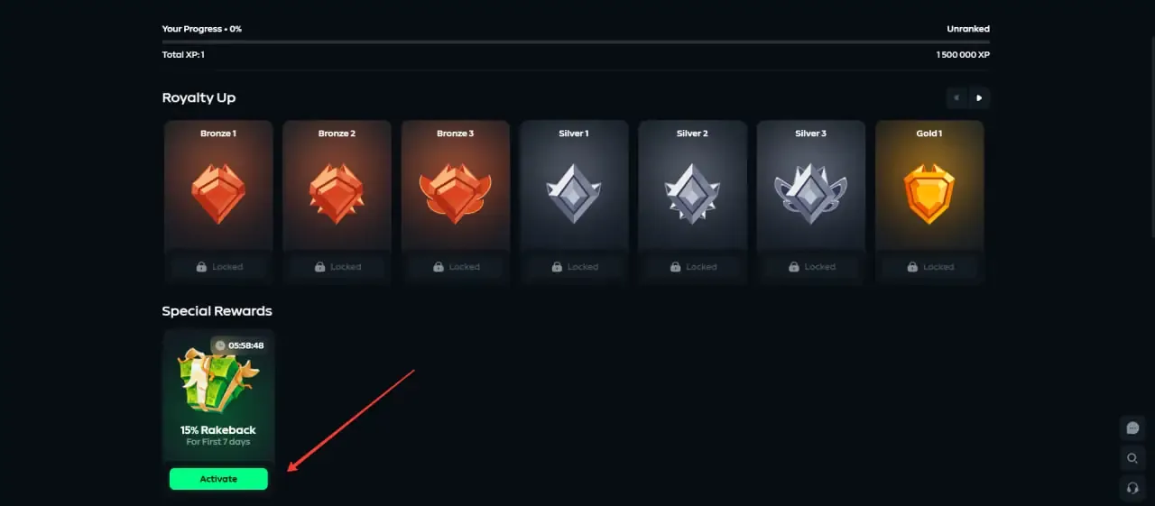 Gamdom Rewards page with Royalty Up ranks and the Special Rewards card showing 15% Rakeback for First 7 Days with an Activate button
