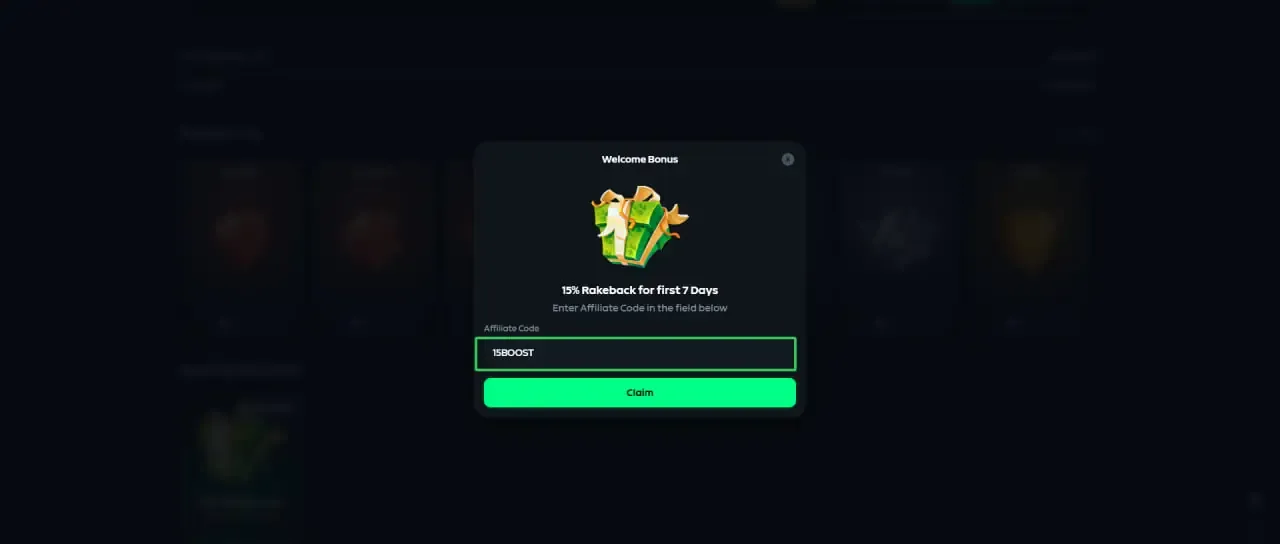 Gamdom Welcome Bonus window with 15BOOST entered in the Affiliate Code field and a Claim button